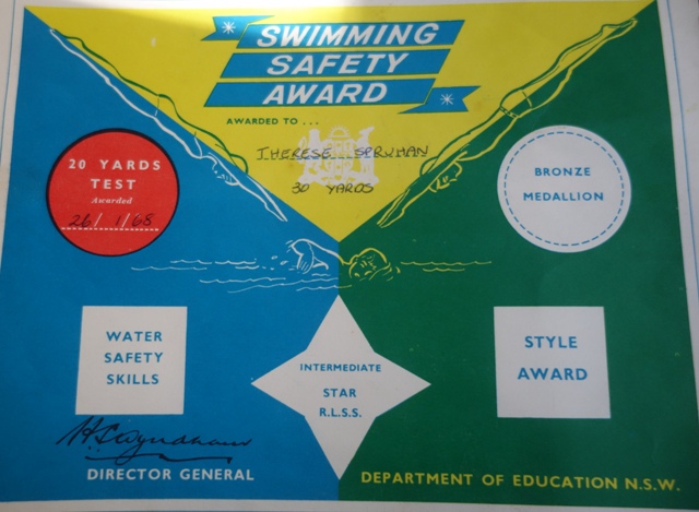 My swimming certificate, Therese Spruhan, Jan 26, 1968 - 2
