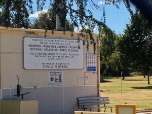 Quirky sign at the Lockhart Pool, south-west NSW, photo Therese Spruhan, September 2017